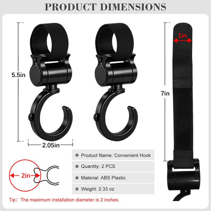 2 Pack Universal Walker Hooks, 360° Rotating Stroller Clips for Diaper Bags, Wheelchairs, Rollators, Walkers, Shopping Carts & Car Backseats – Heavy Duty Multi-Purpose Hooks, Black