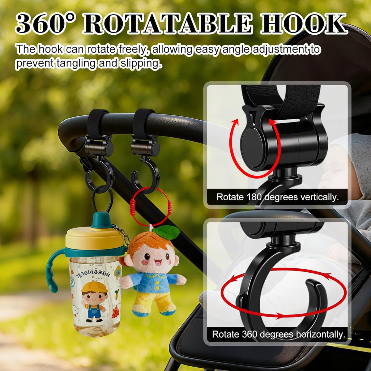 2 Pack Universal Walker Hooks, 360° Rotating Stroller Clips for Diaper Bags, Wheelchairs, Rollators, Walkers, Shopping Carts & Car Backseats – Heavy Duty Multi-Purpose Hooks, Black