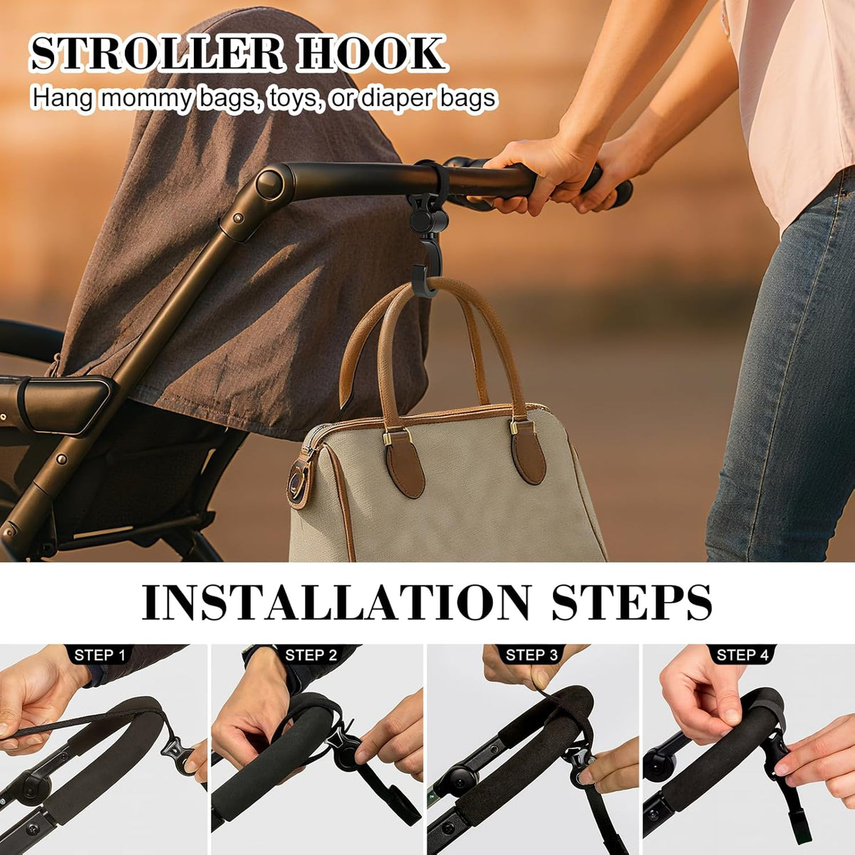 2 Pack Universal Walker Hooks, 360° Rotating Stroller Clips for Diaper Bags, Wheelchairs, Rollators, Walkers, Shopping Carts & Car Backseats – Heavy Duty Multi-Purpose Hooks, Black