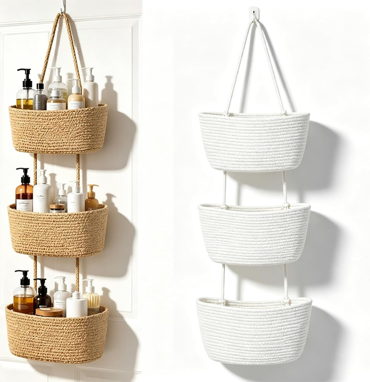 Woven Cotton 3-Tier Over the Door Basket, Woven 3 Tier Over the Door Basket Storage Organizer, Hanging Wall Mounted Baskets for Nursery, Bedroom, Bathroom, Kitchen & Home Decor