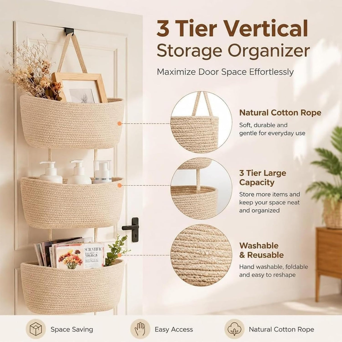 Woven Cotton 3-Tier Over the Door Basket, Woven 3 Tier Over the Door Basket Storage Organizer, Hanging Wall Mounted Baskets for Nursery, Bedroom, Bathroom, Kitchen & Home Decor