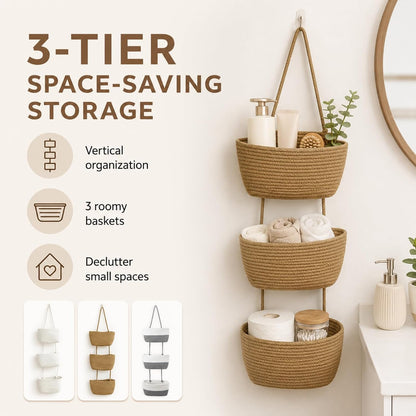 Woven Cotton 3-Tier Over the Door Basket, Woven 3 Tier Over the Door Basket Storage Organizer, Hanging Wall Mounted Baskets for Nursery, Bedroom, Bathroom, Kitchen & Home Decor