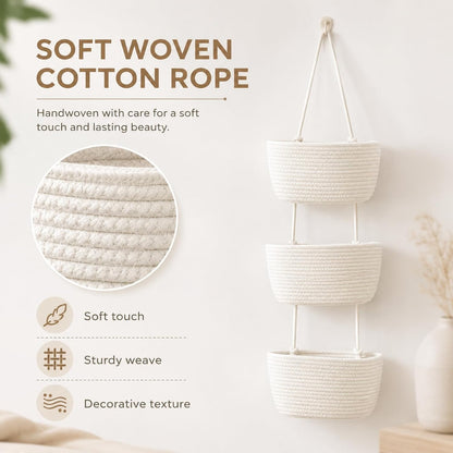Woven Cotton 3-Tier Over the Door Basket, Woven 3 Tier Over the Door Basket Storage Organizer, Hanging Wall Mounted Baskets for Nursery, Bedroom, Bathroom, Kitchen & Home Decor