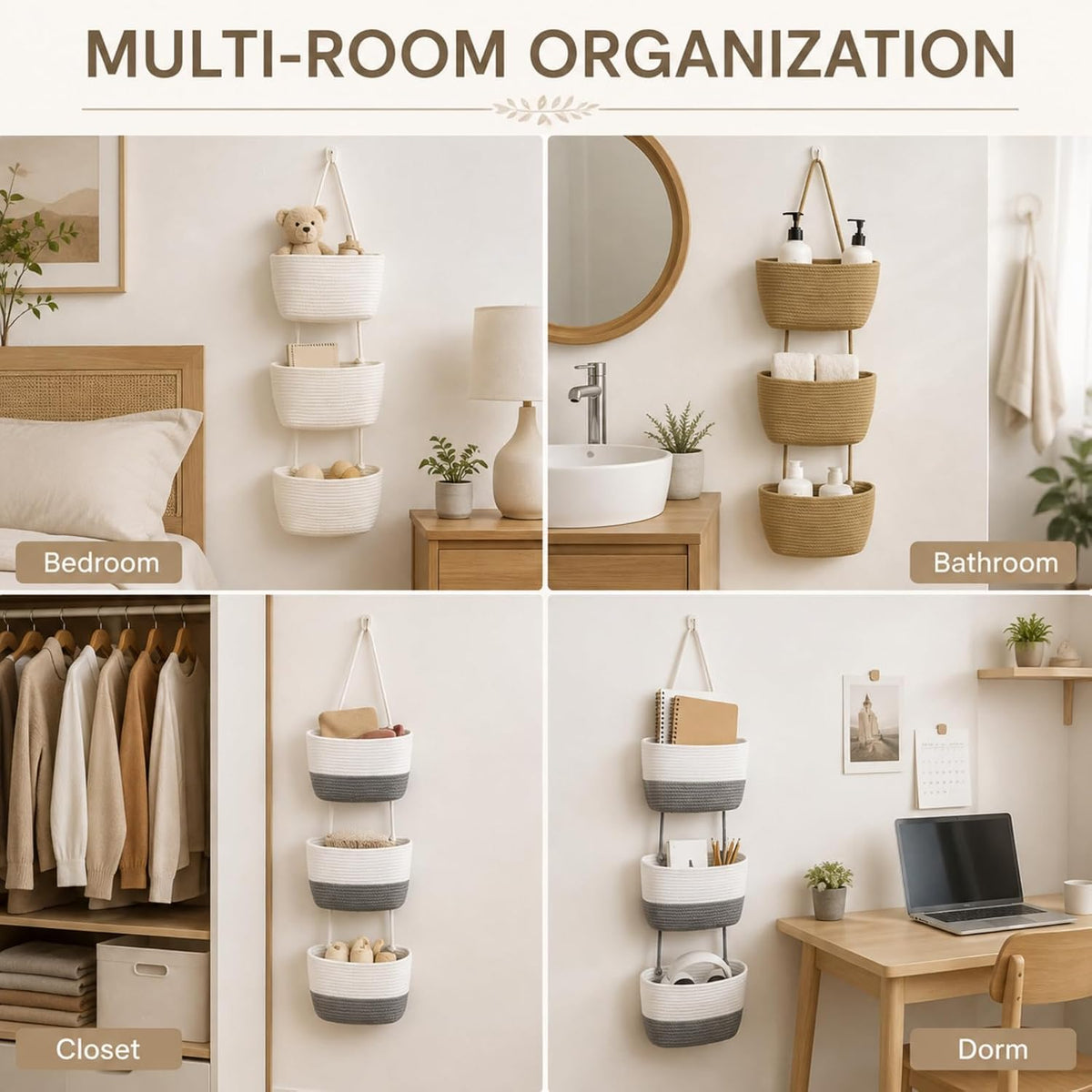 Woven Cotton 3-Tier Over the Door Basket, Woven 3 Tier Over the Door Basket Storage Organizer, Hanging Wall Mounted Baskets for Nursery, Bedroom, Bathroom, Kitchen & Home Decor