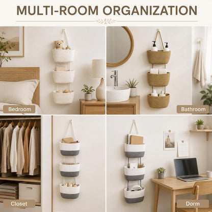 Woven Cotton 3-Tier Over the Door Basket, Woven 3 Tier Over the Door Basket Storage Organizer, Hanging Wall Mounted Baskets for Nursery, Bedroom, Bathroom, Kitchen & Home Decor