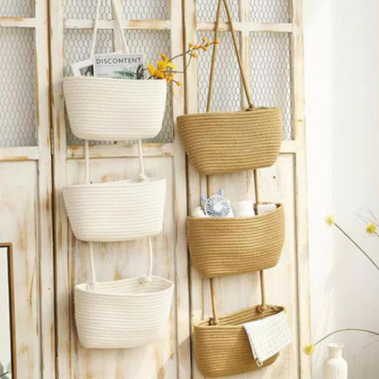 Woven Cotton 3-Tier Over the Door Basket, Woven 3 Tier Over the Door Basket Storage Organizer, Hanging Wall Mounted Baskets for Nursery, Bedroom, Bathroom, Kitchen & Home Decor