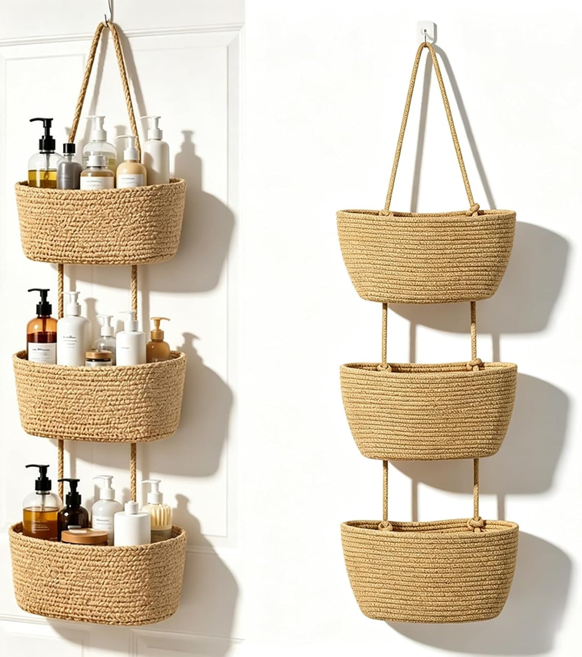 Woven Cotton 3-Tier Over the Door Basket, Woven 3 Tier Over the Door Basket Storage Organizer, Hanging Wall Mounted Baskets for Nursery, Bedroom, Bathroom, Kitchen & Home Decor
