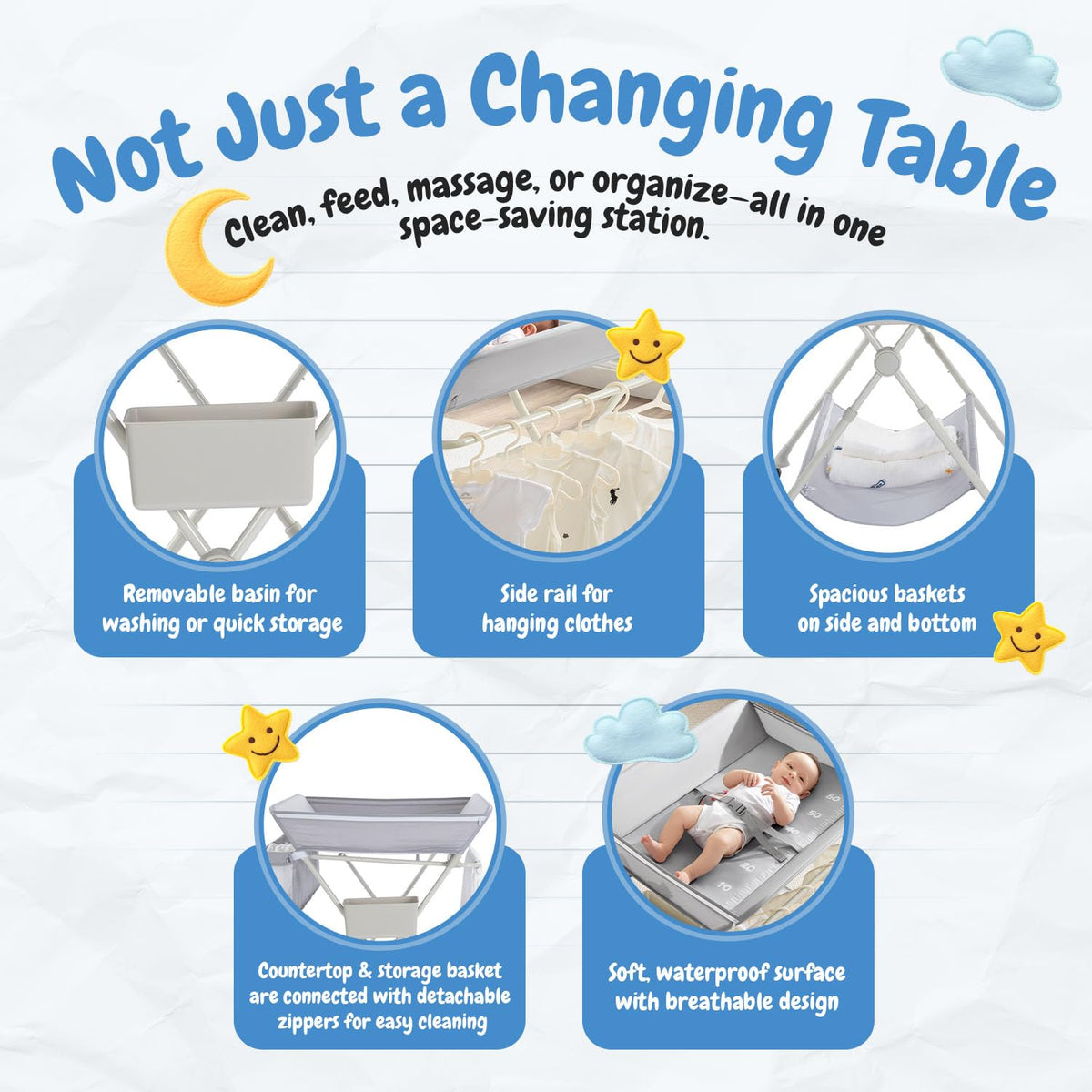 Diaper Changing Table Portable with Wheels Foldable Diaper Station Organizer & Storage Rack Newborn and Baby (Light Grey)