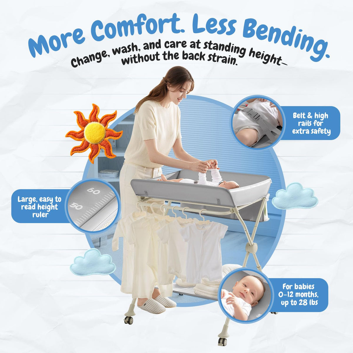 Diaper Changing Table Portable with Wheels Foldable Diaper Station Organizer & Storage Rack Newborn and Baby (Light Grey)