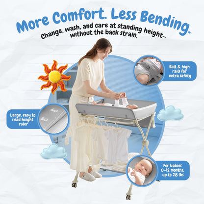 Diaper Changing Table Portable with Wheels Foldable Diaper Station Organizer & Storage Rack Newborn and Baby (Light Grey)