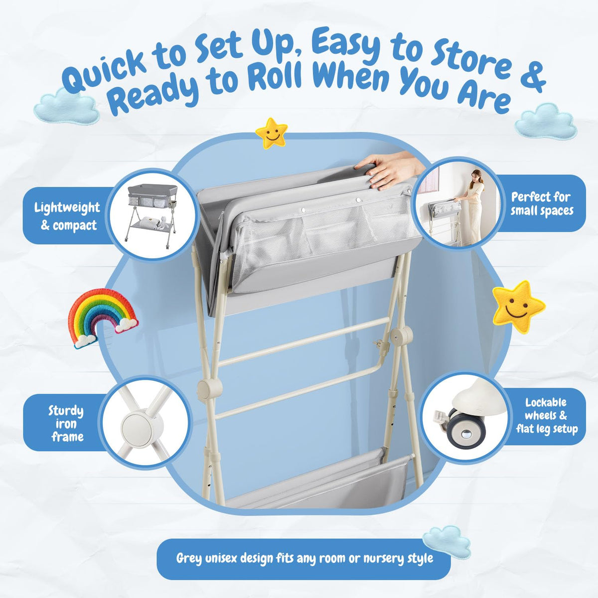 Diaper Changing Table Portable with Wheels Foldable Diaper Station Organizer & Storage Rack Newborn and Baby (Light Grey)