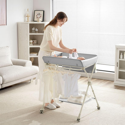 Diaper Changing Table Portable with Wheels Foldable Diaper Station Organizer & Storage Rack Newborn and Baby (Light Grey)