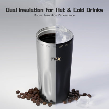 16oz Travel Coffee Mug, Ceramic Coated Interior, 316 Stainless Steel Liner, Leakproof Flip Lid, Vacuum Insulated Tumbler with Carry Strap, Reusable Cup for Hot & Cold Drinks