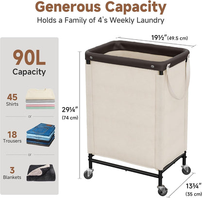 Laundry Hamper with Wheels and Removable Liner Bag, Beige, 90L
