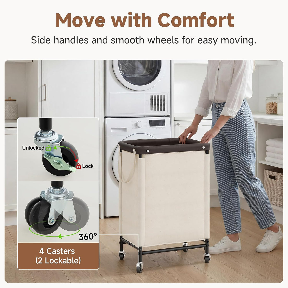 Laundry Hamper with Wheels and Removable Liner Bag, Beige, 90L