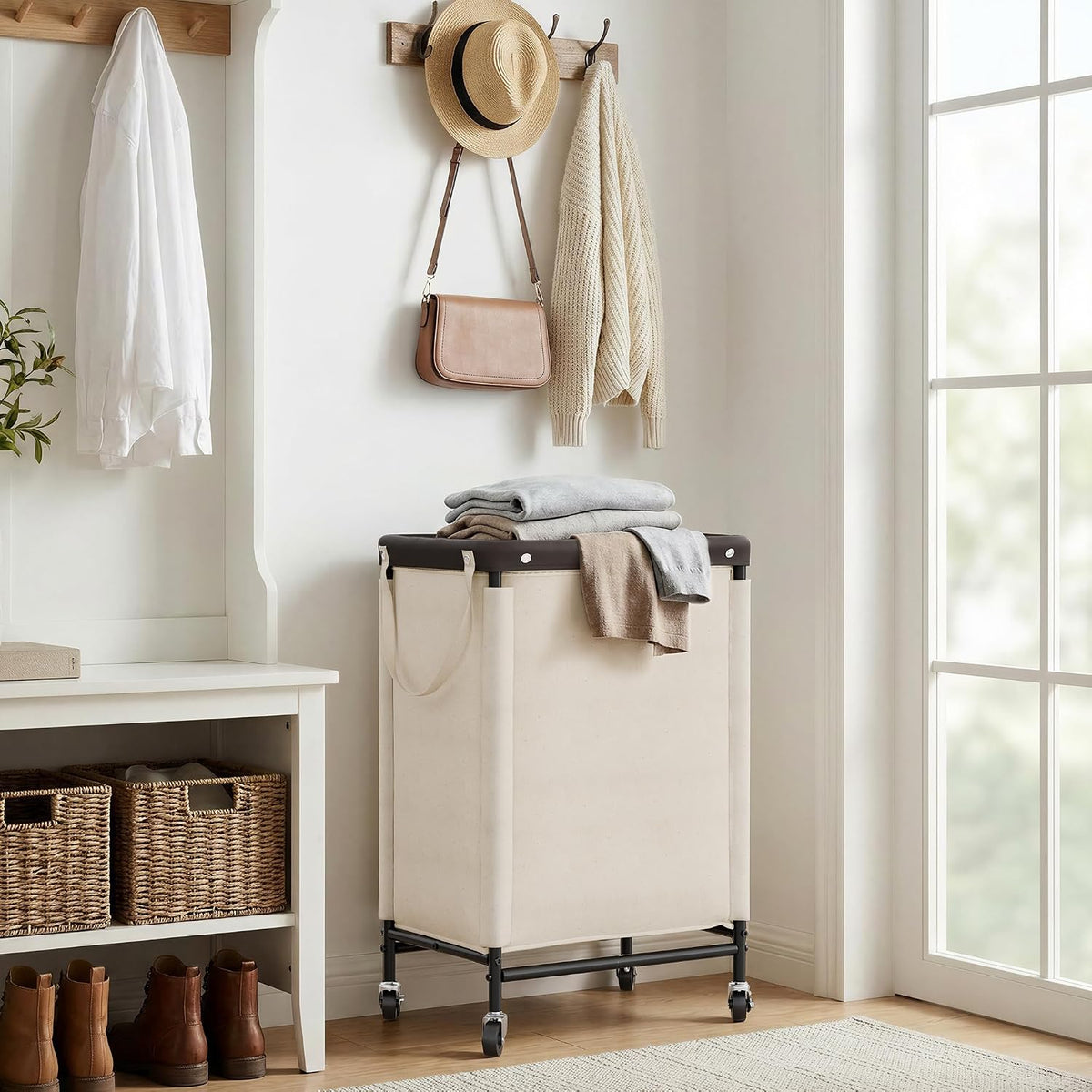 Laundry Hamper with Wheels and Removable Liner Bag, Beige, 90L