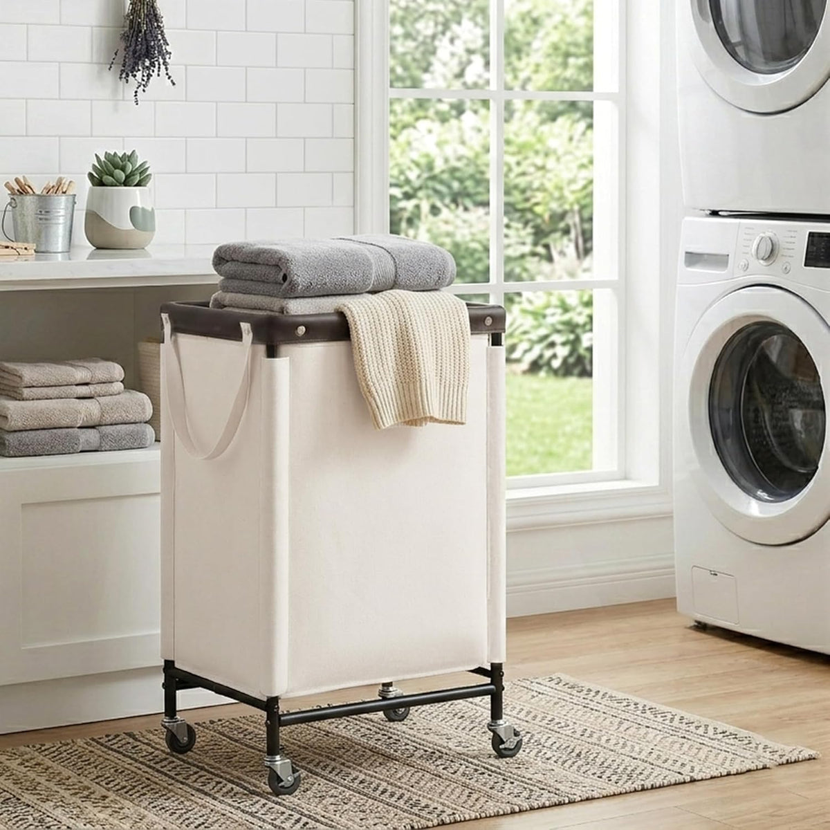 Laundry Hamper with Wheels and Removable Liner Bag, Beige, 90L
