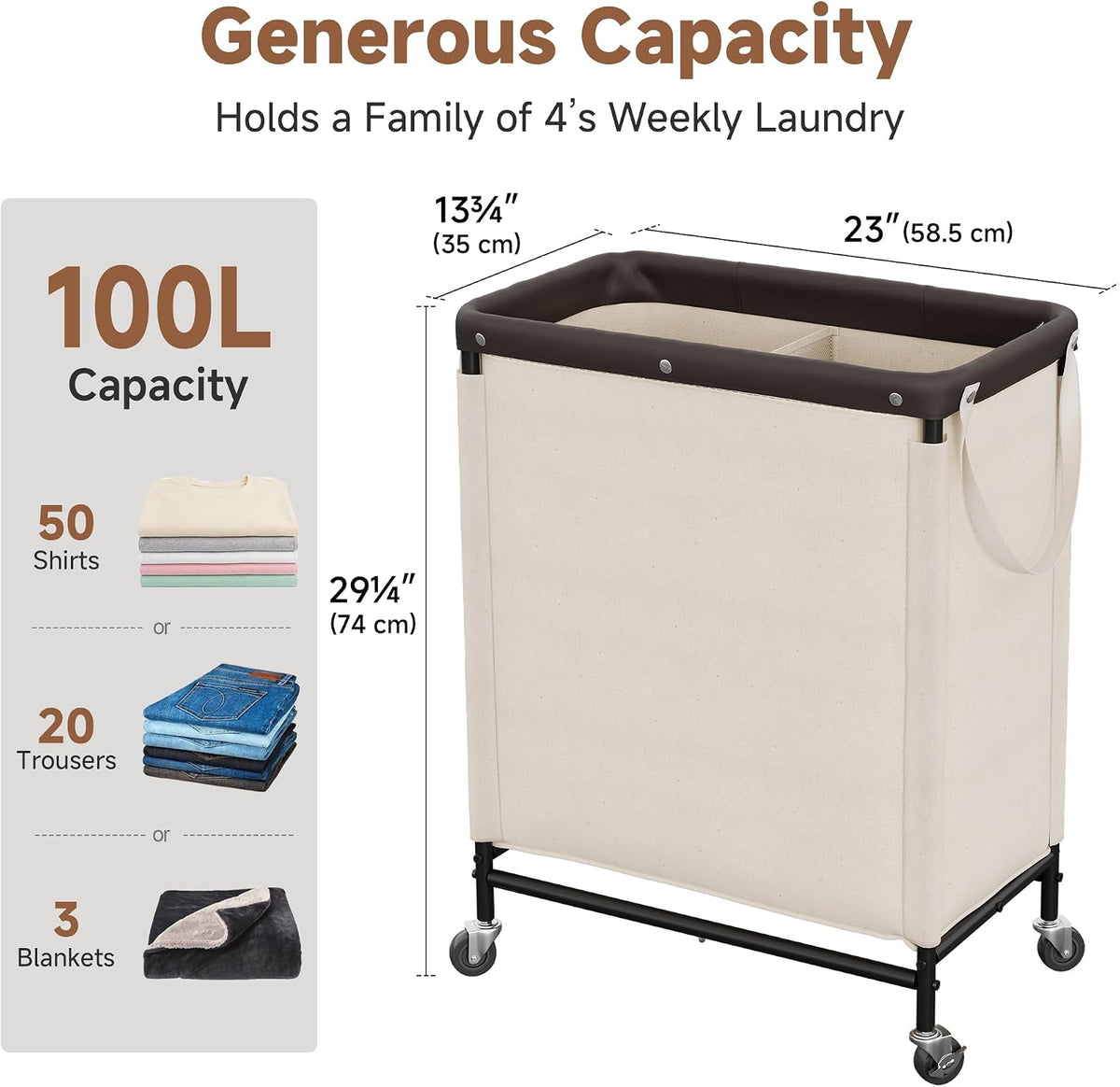 Laundry Hamper with Wheels and Removable Liner Bag, Beige, 90L