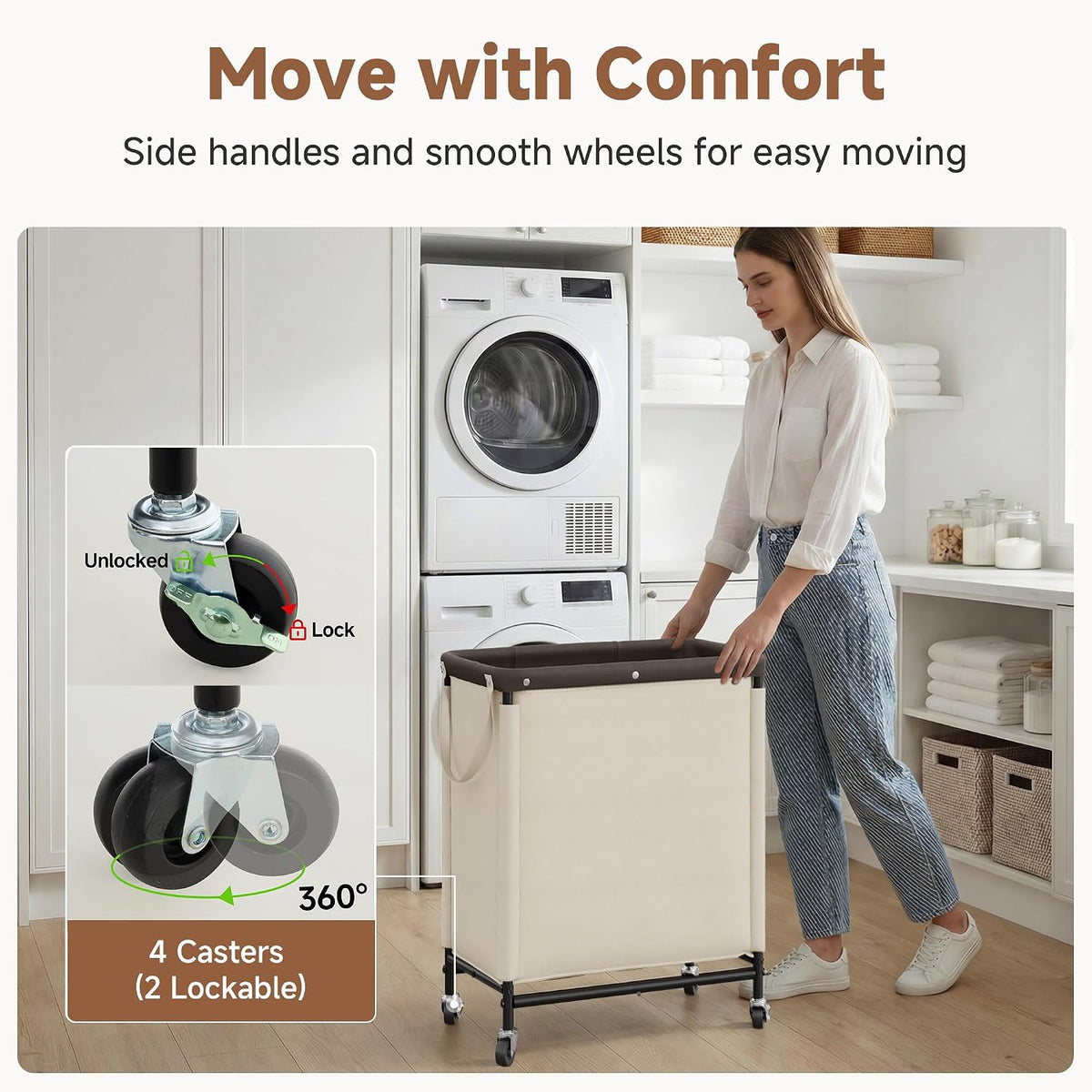 Laundry Hamper with Wheels and Removable Liner Bag, Beige, 90L