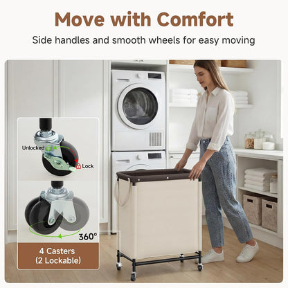 Laundry Hamper with Wheels and Removable Liner Bag, Beige, 90L