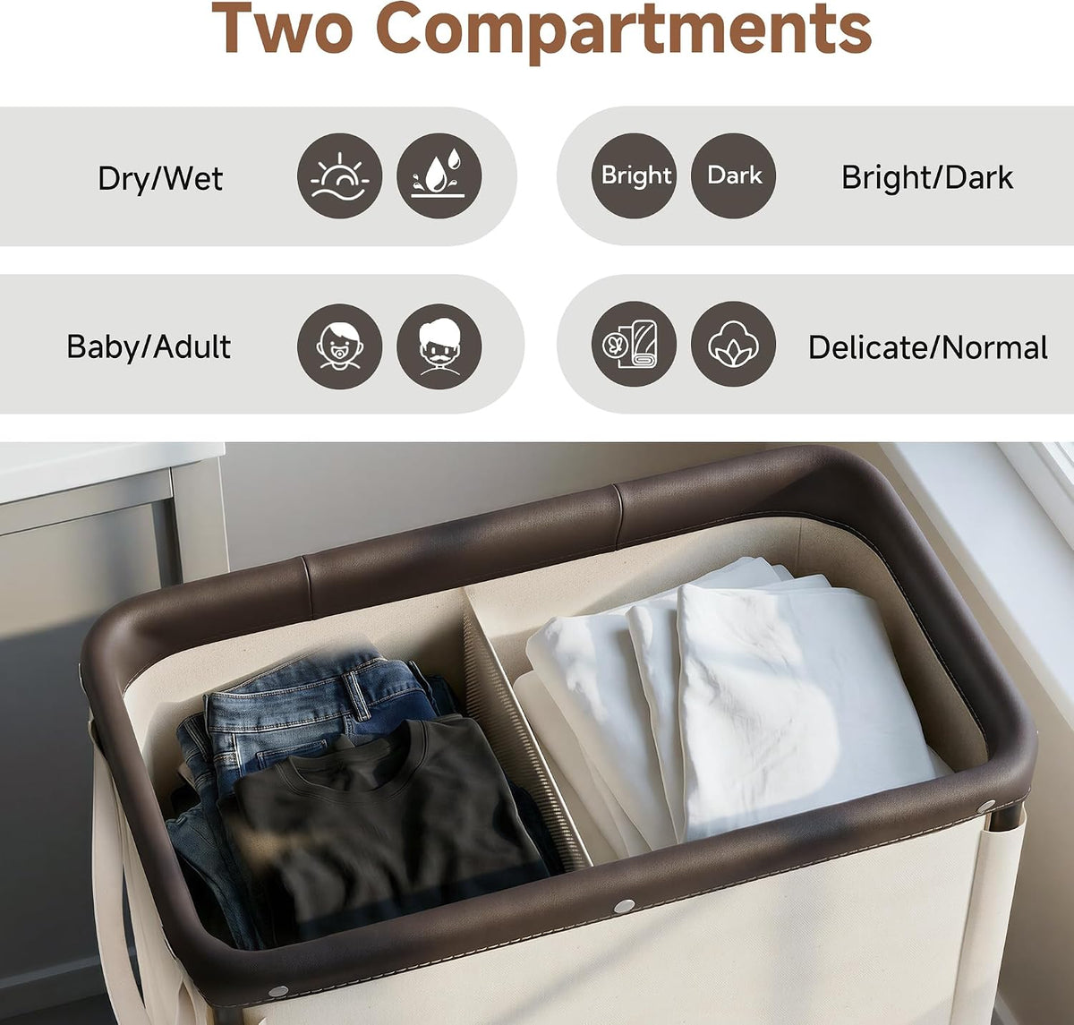 Laundry Hamper with Wheels and Removable Liner Bag, Beige, 90L