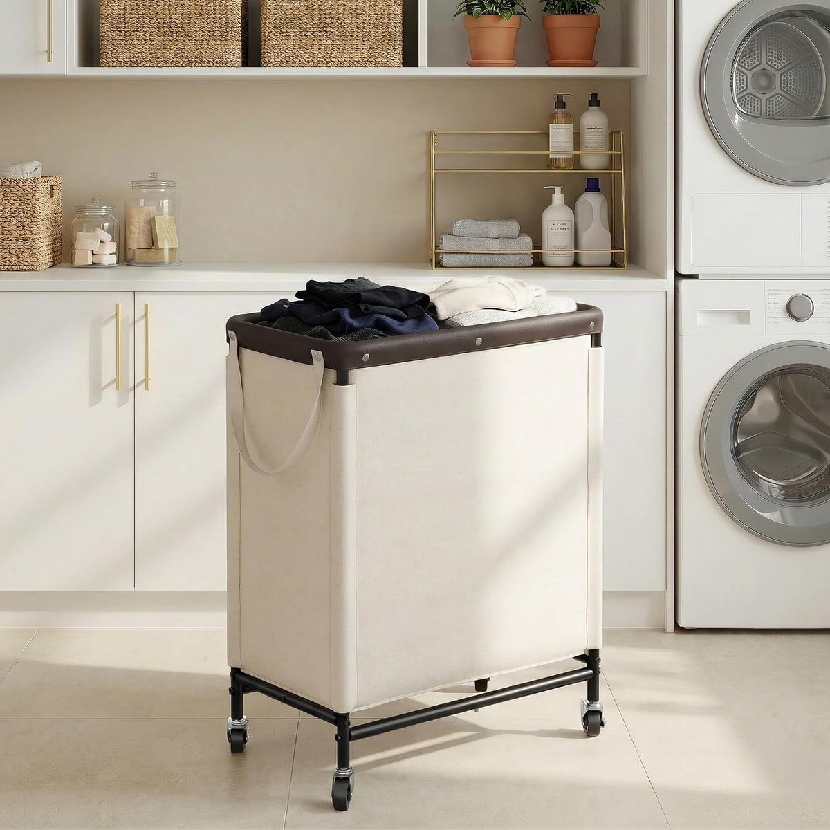 Laundry Hamper with Wheels and Removable Liner Bag, Beige, 90L