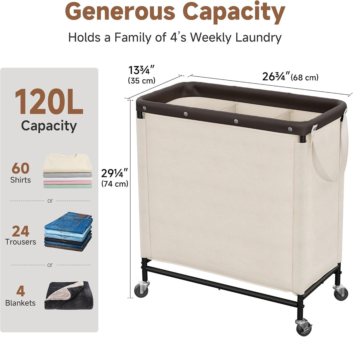 Laundry Hamper with Wheels and Removable Liner Bag, Beige, 90L