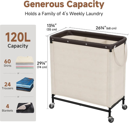Laundry Hamper with Wheels and Removable Liner Bag, Beige, 90L