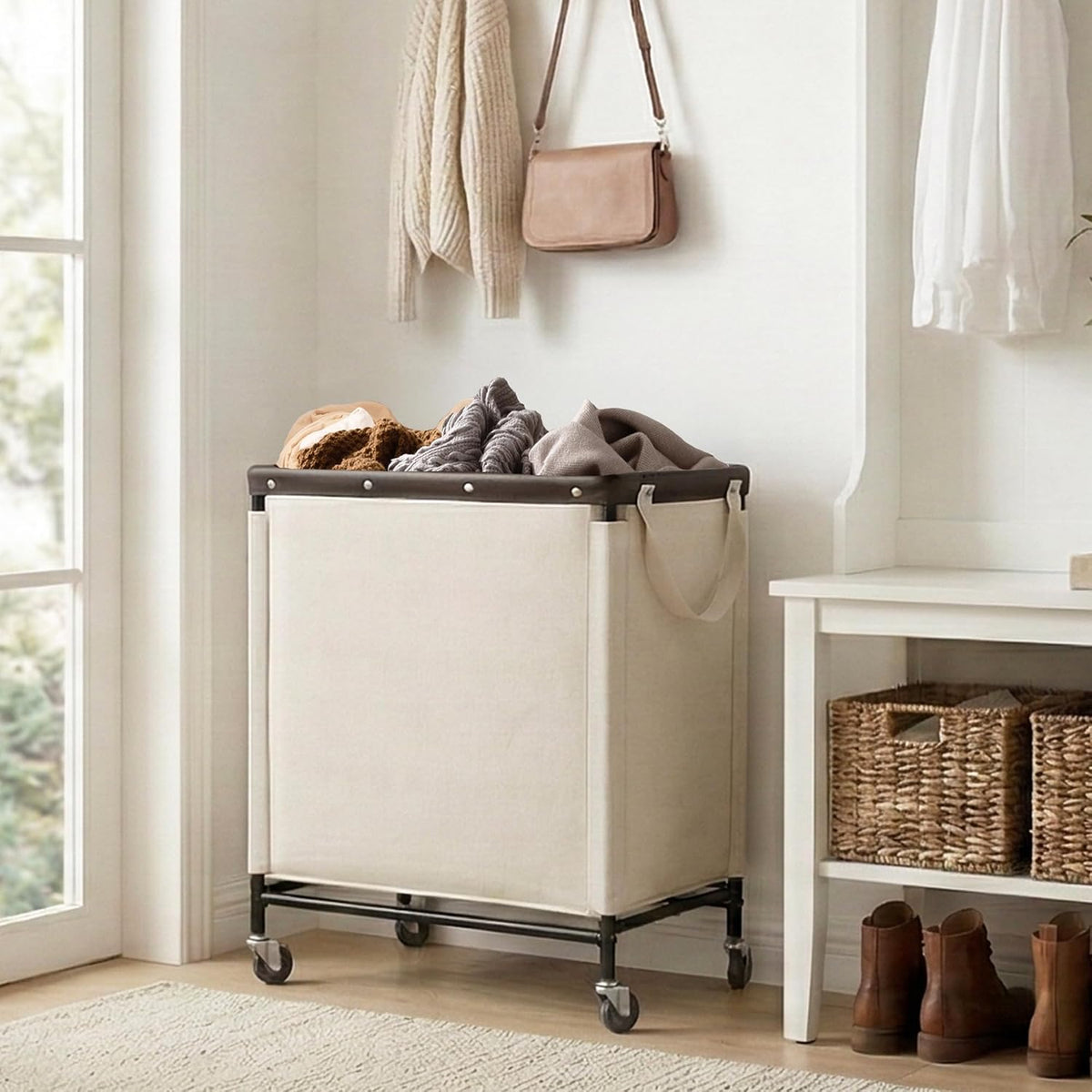 Laundry Hamper with Wheels and Removable Liner Bag, Beige, 90L