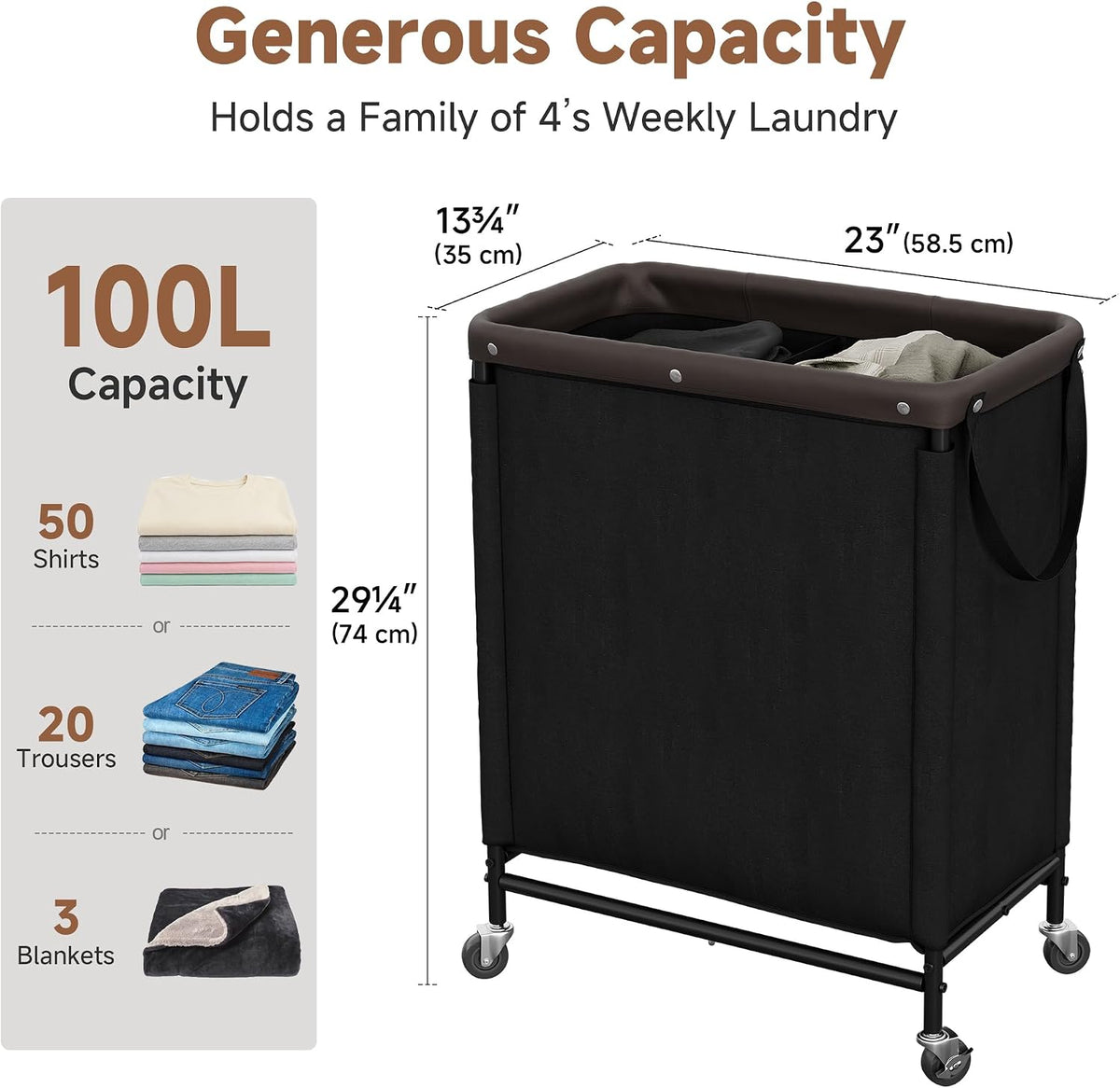 Laundry Hamper with Wheels and Removable Liner Bag, Beige, 90L
