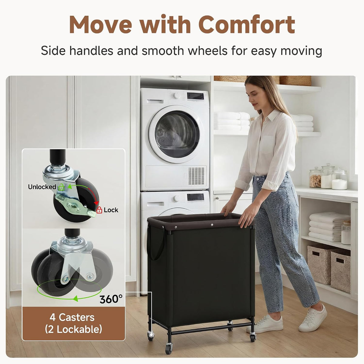 Laundry Hamper with Wheels and Removable Liner Bag, Beige, 90L