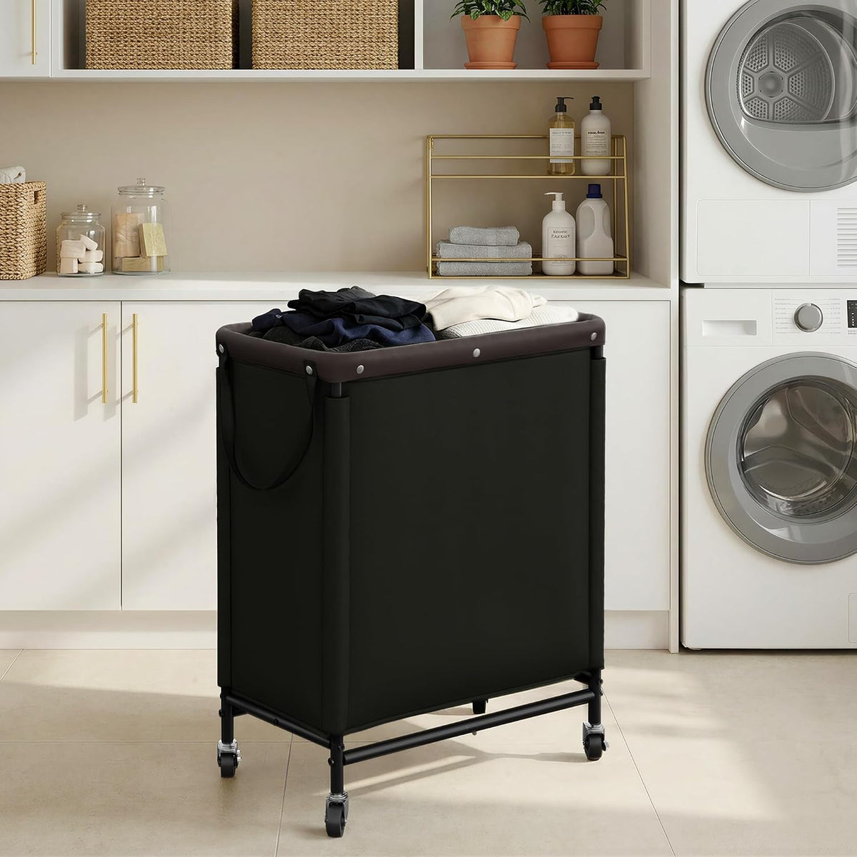 Laundry Hamper with Wheels and Removable Liner Bag, Beige, 90L