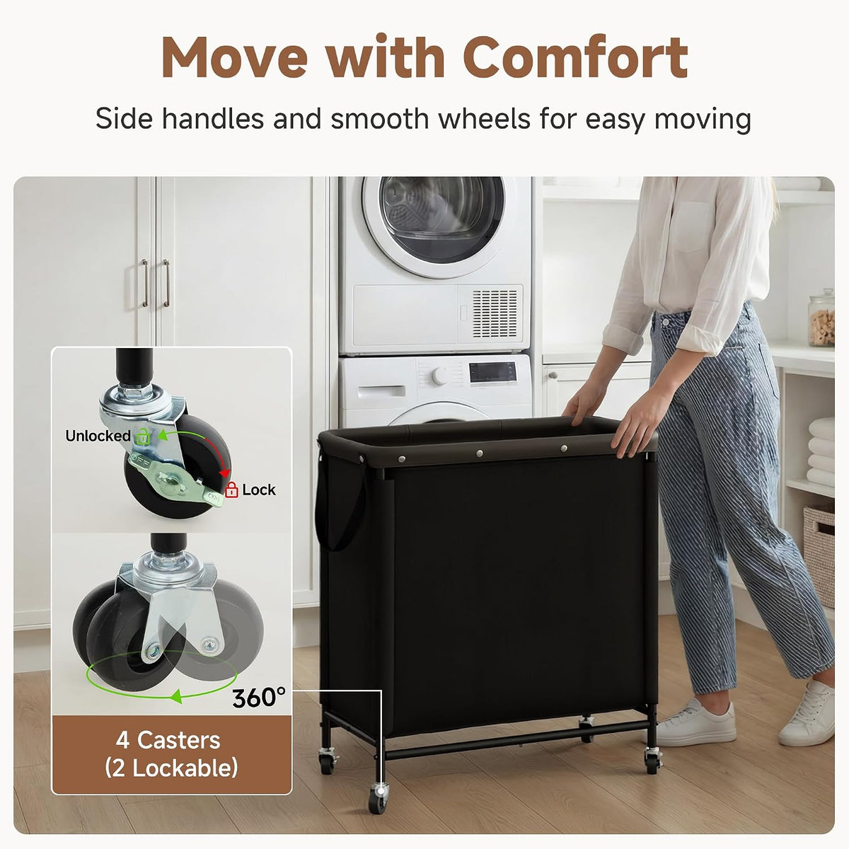 Laundry Hamper with Wheels and Removable Liner Bag, Beige, 90L
