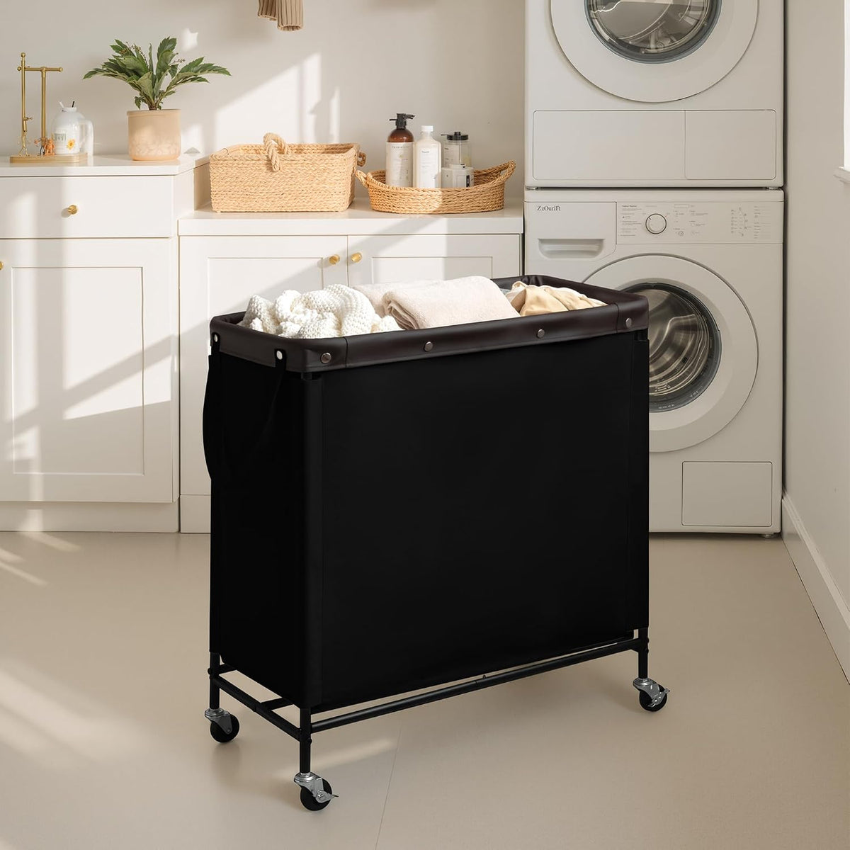Laundry Hamper with Wheels and Removable Liner Bag, Beige, 90L