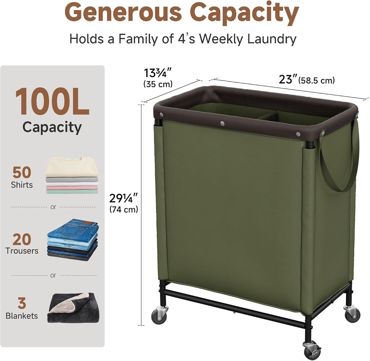 Laundry Hamper with Wheels and Removable Liner Bag, Beige, 90L
