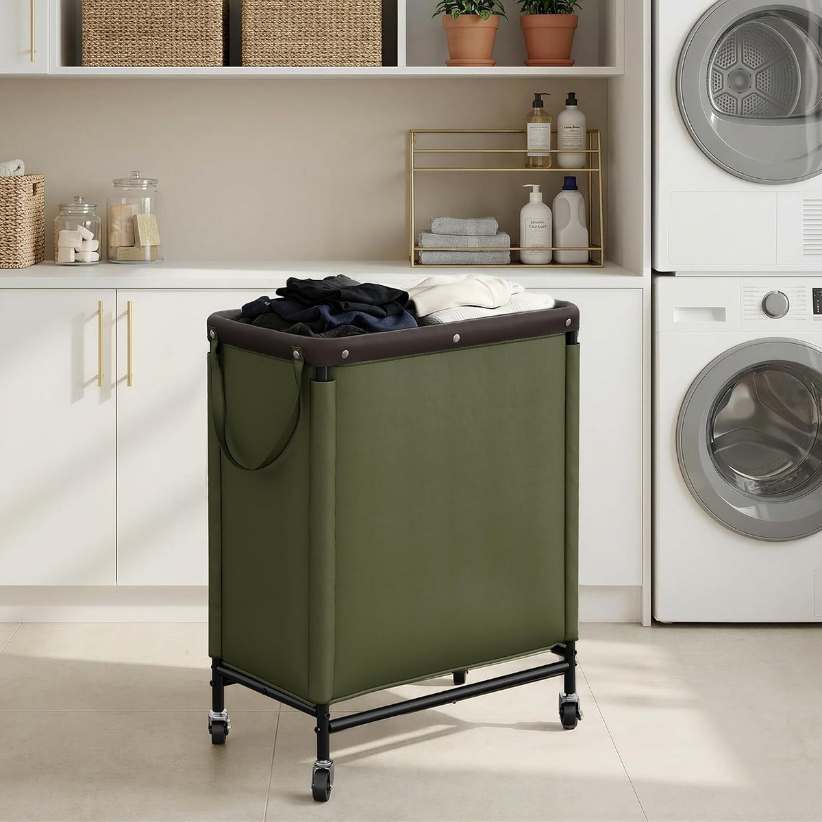 Laundry Hamper with Wheels and Removable Liner Bag, Beige, 90L