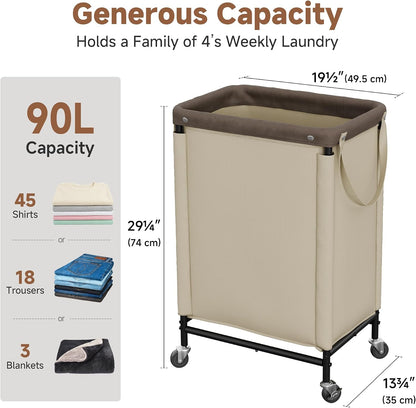 Laundry Hamper with Wheels and Removable Liner Bag, Beige, 90L