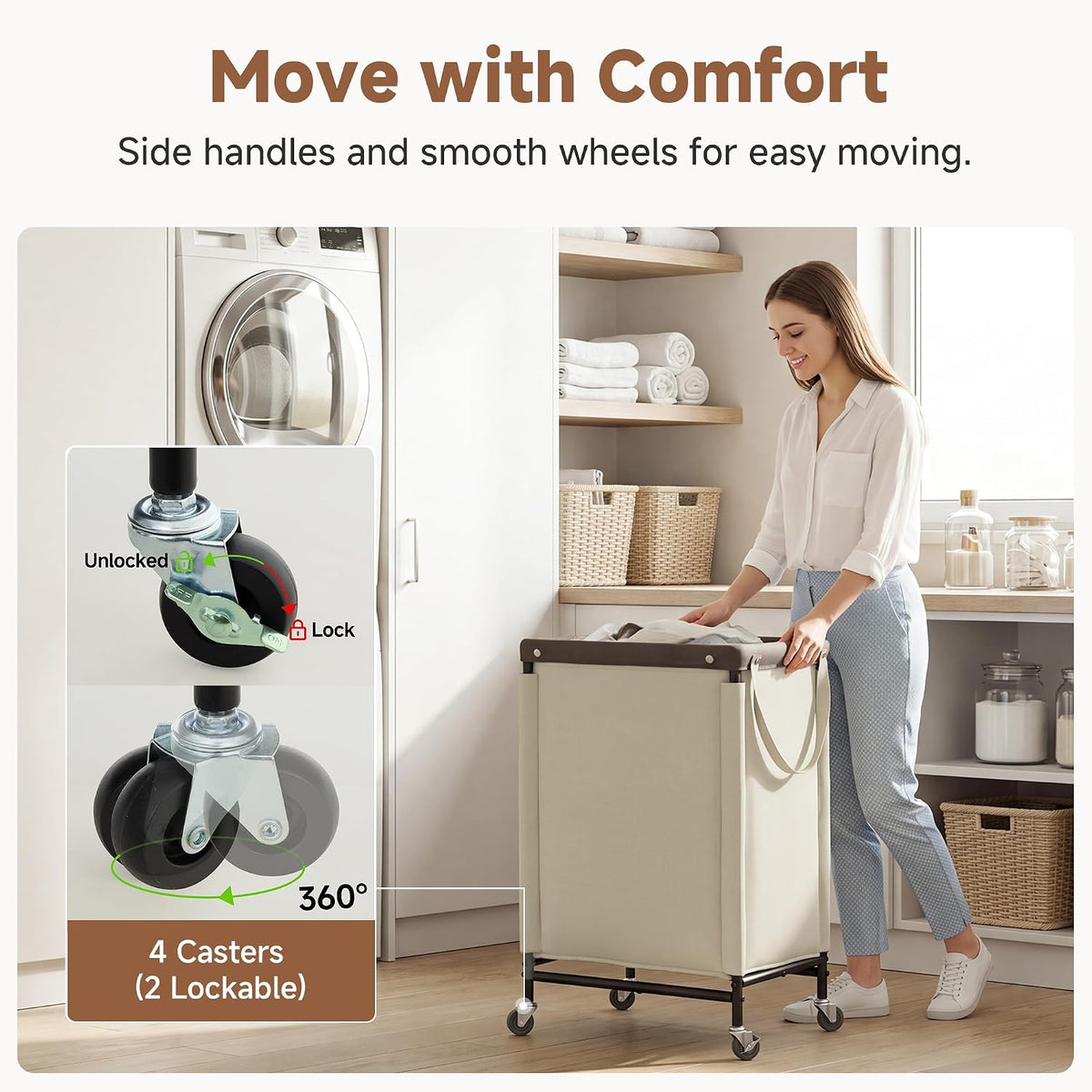 Laundry Hamper with Wheels and Removable Liner Bag, Beige, 90L