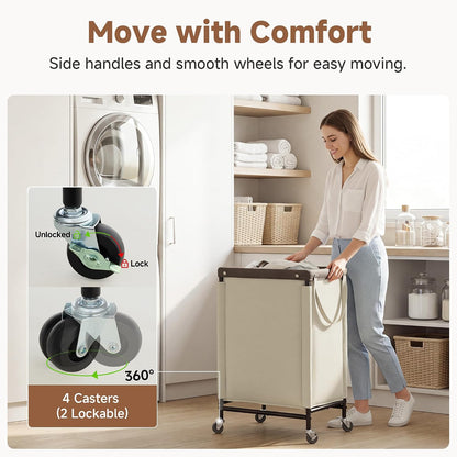 Laundry Hamper with Wheels and Removable Liner Bag, Beige, 90L