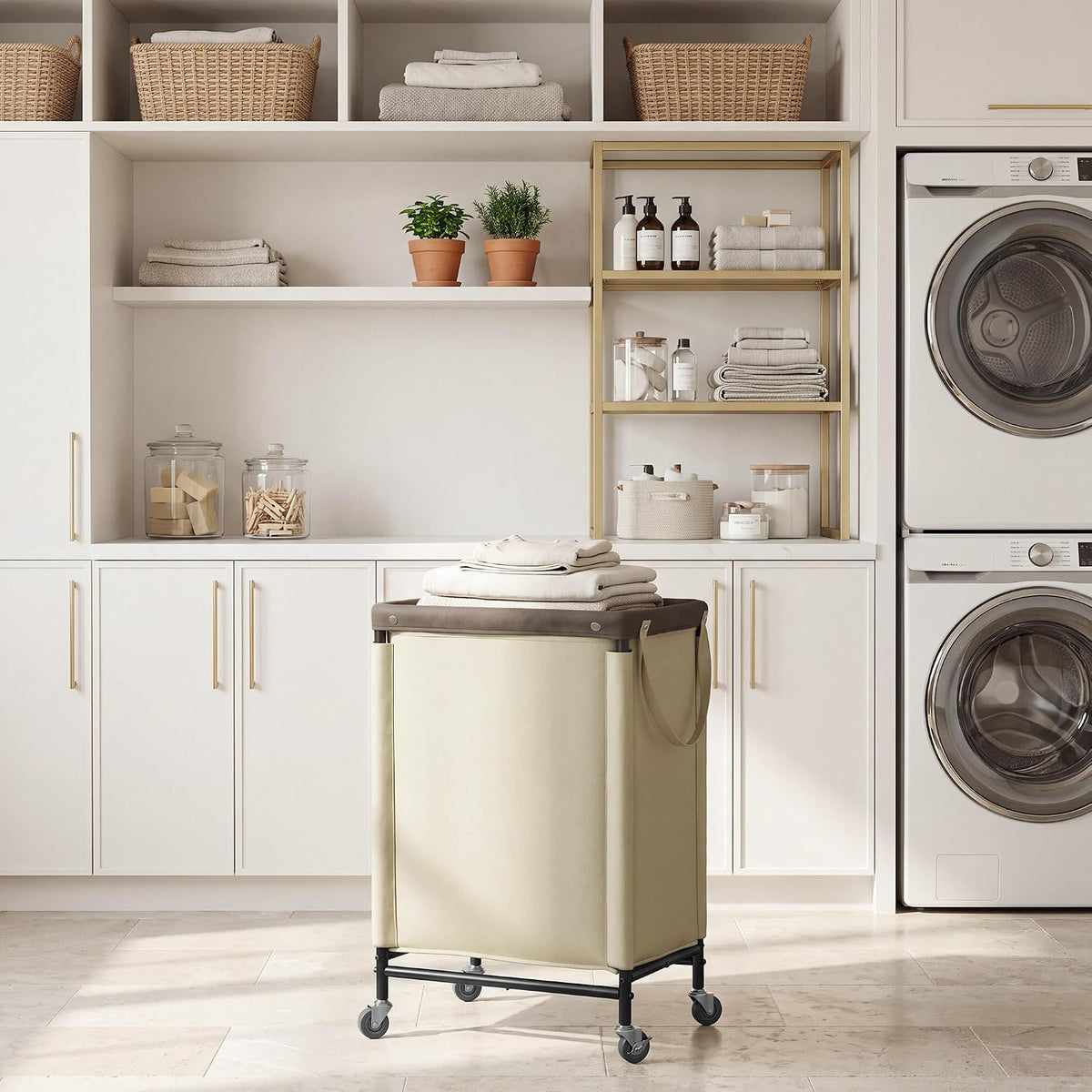 Laundry Hamper with Wheels and Removable Liner Bag, Beige, 90L