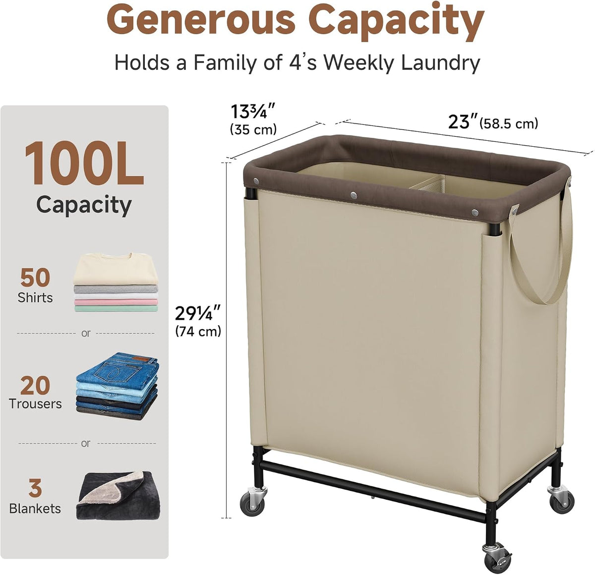 Laundry Hamper with Wheels and Removable Liner Bag, Beige, 90L