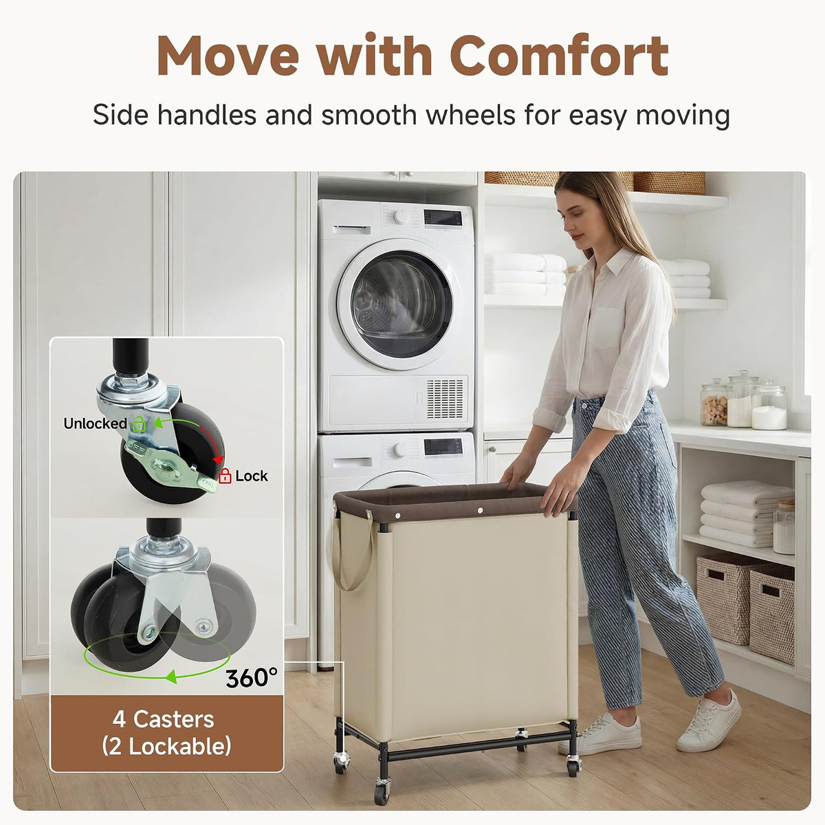 Laundry Hamper with Wheels and Removable Liner Bag, Beige, 90L