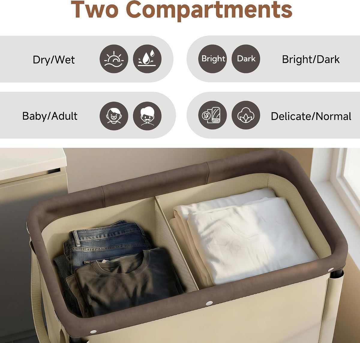 Laundry Hamper with Wheels and Removable Liner Bag, Beige, 90L