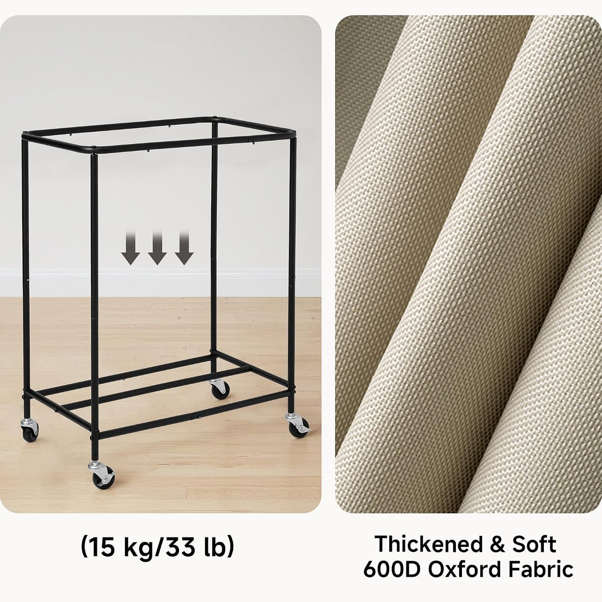 Laundry Hamper with Wheels and Removable Liner Bag, Beige, 90L