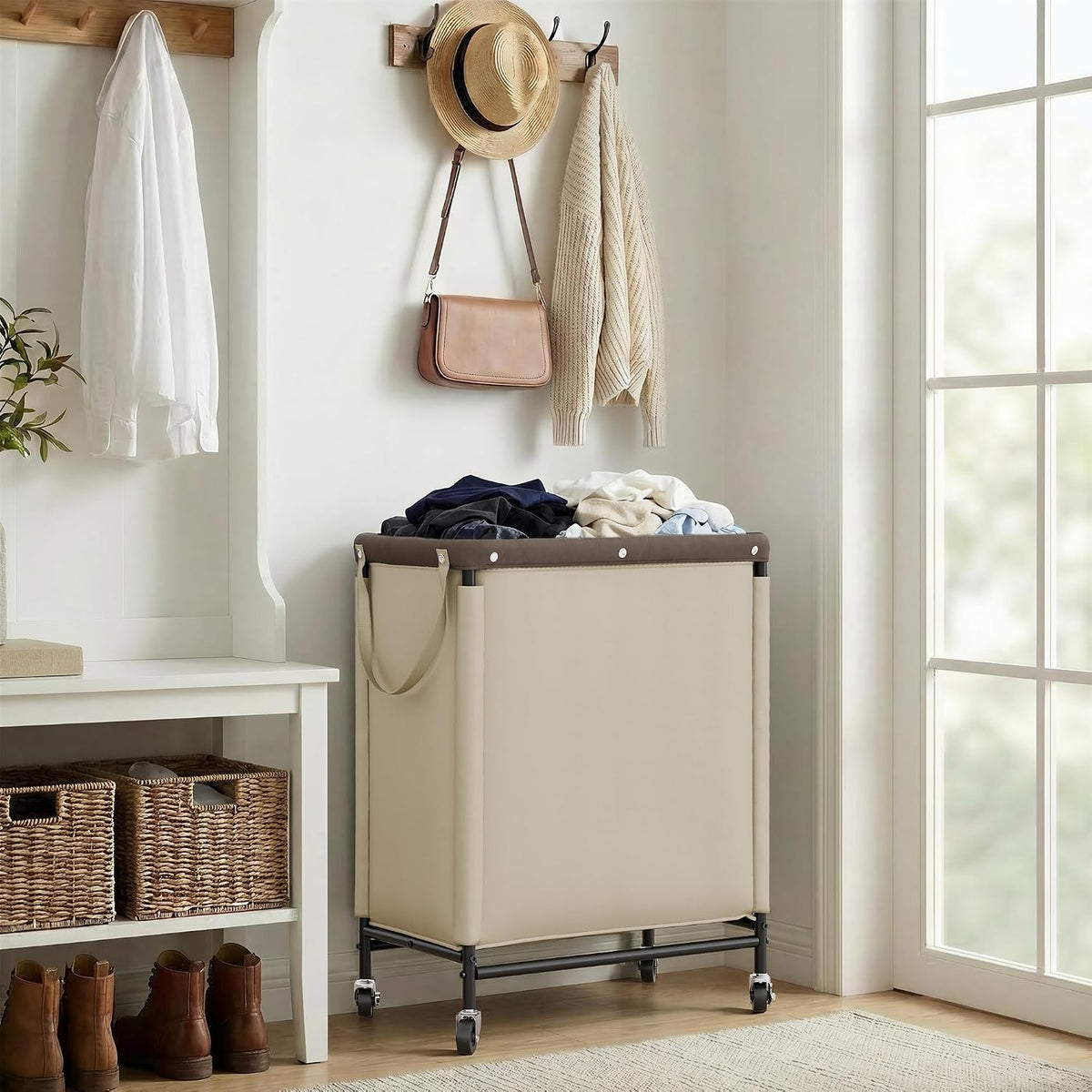 Laundry Hamper with Wheels and Removable Liner Bag, Beige, 90L