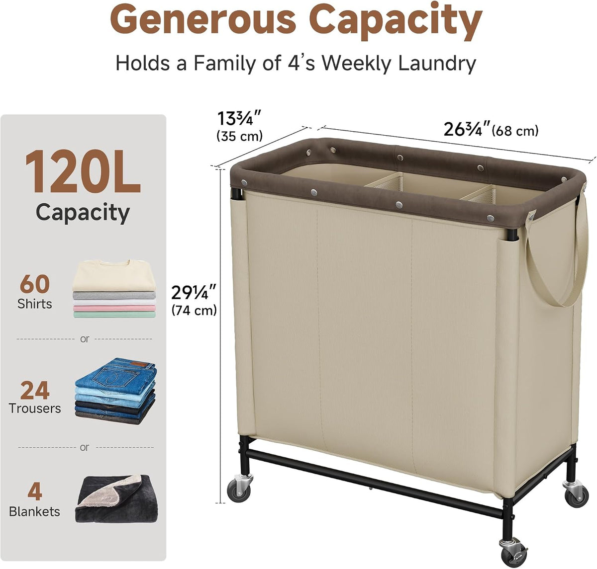 Laundry Hamper with Wheels and Removable Liner Bag, Beige, 90L