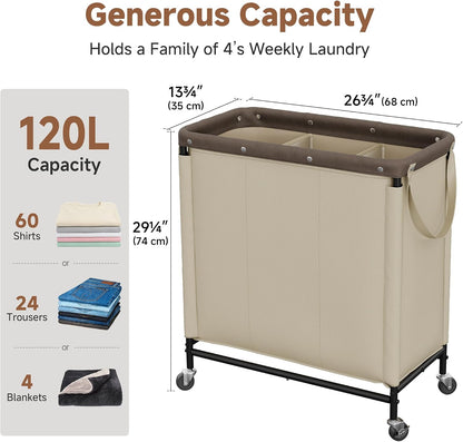 Laundry Hamper with Wheels and Removable Liner Bag, Beige, 90L