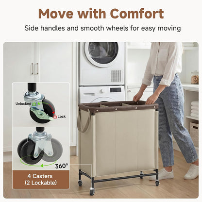 Laundry Hamper with Wheels and Removable Liner Bag, Beige, 90L