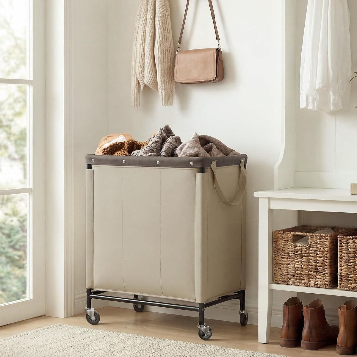 Laundry Hamper with Wheels and Removable Liner Bag, Beige, 90L