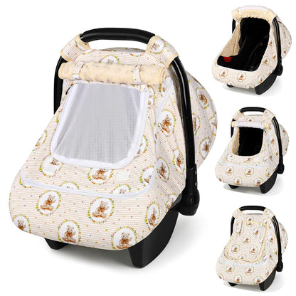 Baby Car Seat Cover with Dual Zipper, Extra Large Mesh Window Carseat Canopy, All-Season Weather Protection for Infant Car Seats & Strollers (Pink Bow)